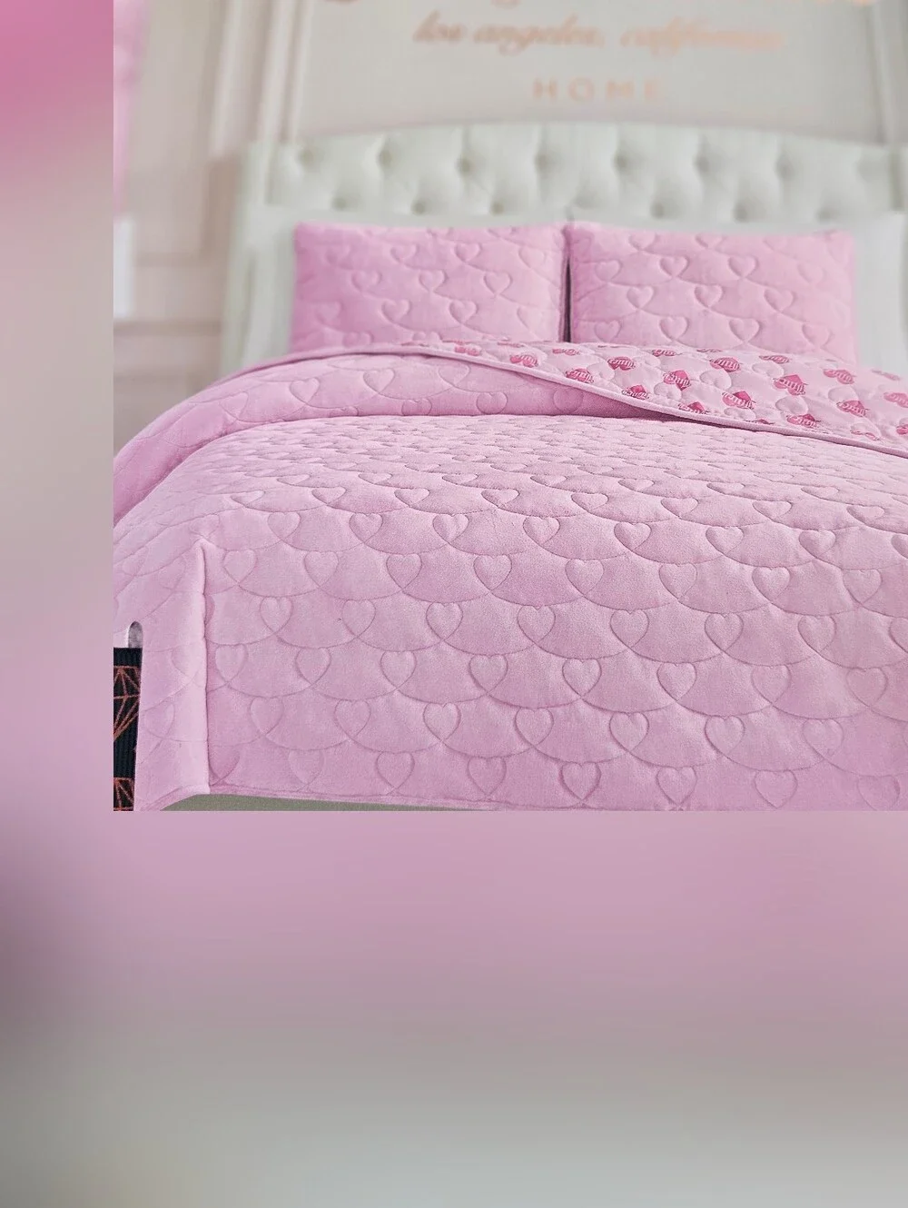 NWT JUICY COUTURE KING SIZED 3 PIECE PLUSH REVERSIBLE QUILT SET! PINK! JC!
